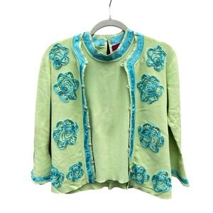 Vintage Bobbie Bell Cardigan Tank Set Small Lime Green Floral Beaded Teacher 90s